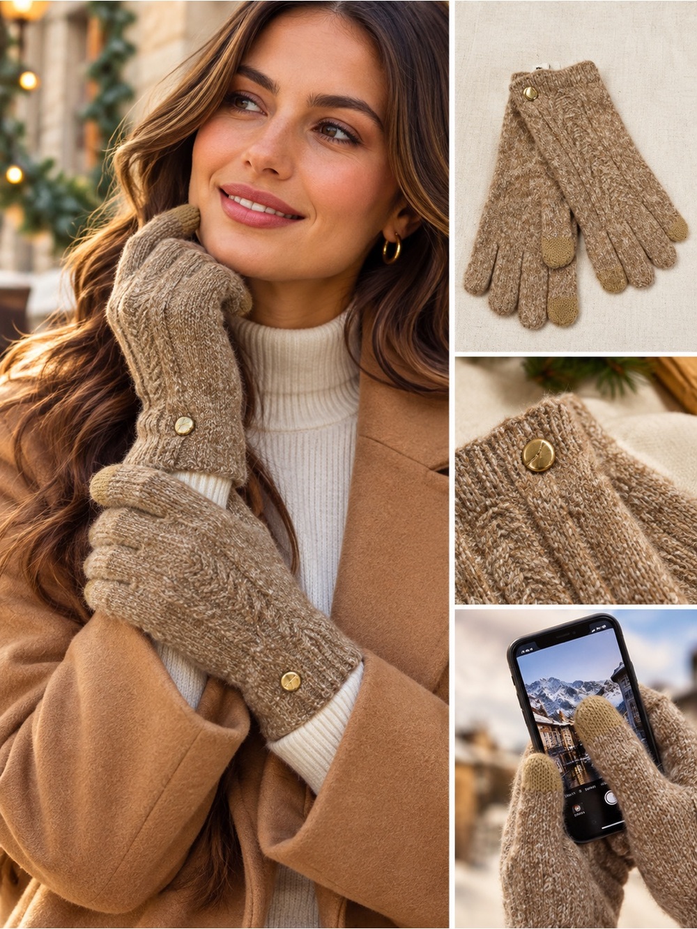 🐞Express Heathered Camel Knit Touchscreen Gloves with Gold Button